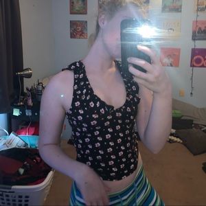 Black cropped shirt with pink and white flowers